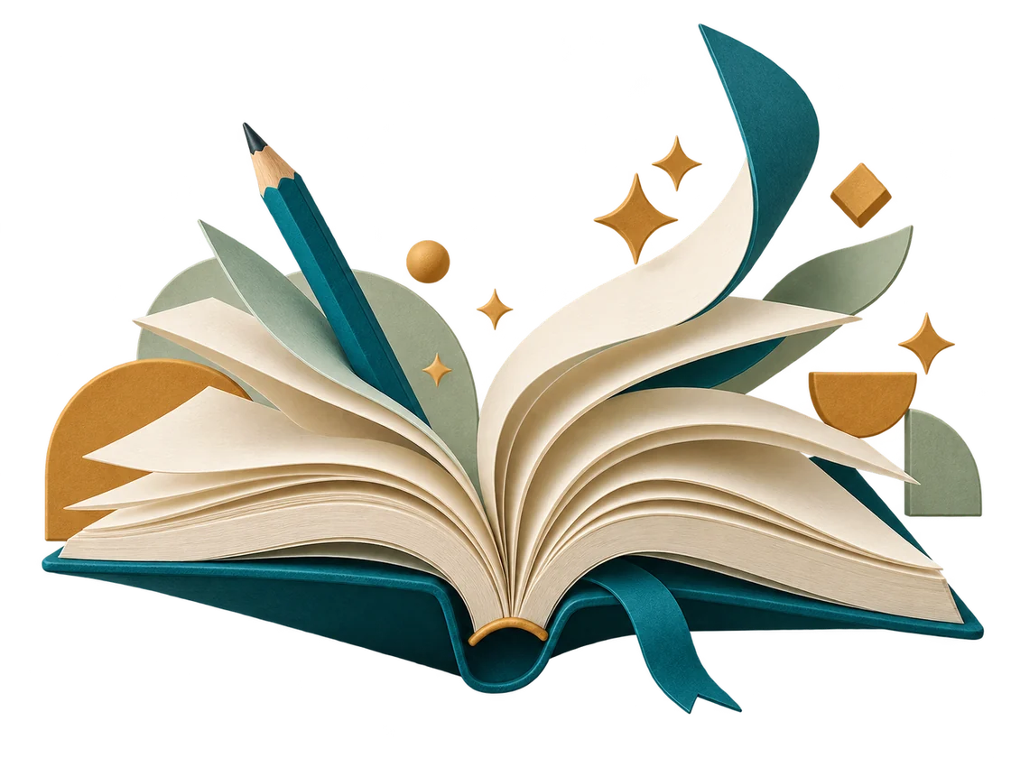 An open book with sweeping pages, a teal pencil and golden sparks of possibility.